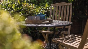 A round metal table with a tray holding a teapot and cups, a wooden chair, and a wooden bench. - Cherry Tree House - North East Escapes (Amble)