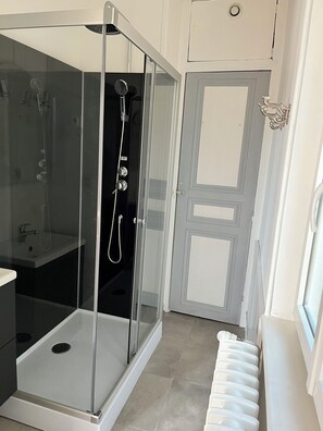 Shower, towels, toilet paper