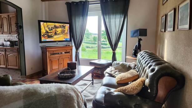 Un salon comprenant un téléviseur, un canapé, une table basse et une vue sur un paysage verdoyant par la fenêtre.