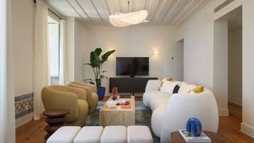 Premium Apartment, 4 Bedrooms, Terrace, Sea View | Living area | 50-inch flat-screen TV with cable channels