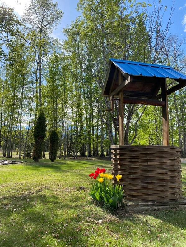 Un kiosque en bois avec un toit bleu, situé dans une zone boisée.