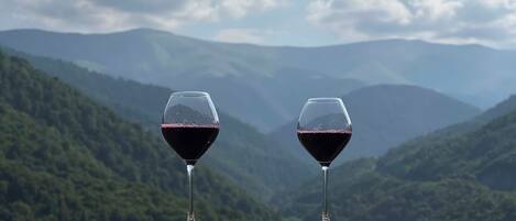 Two wine glasses on a balcony with a mountainous landscape in the background.