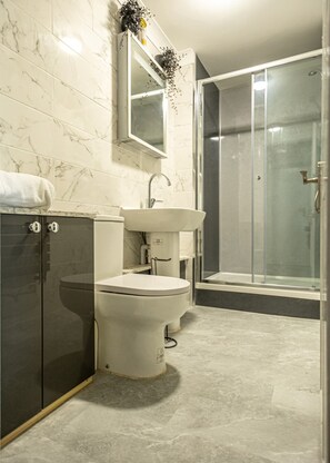 Shower, hair dryer, towels, soap