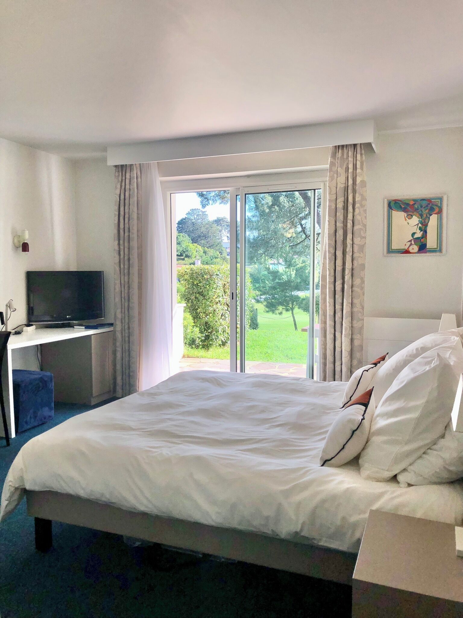 Habitación de hotel con cama, escritorio y televisor, y vista a zonas verdes por la ventana.