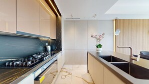 Fridge, microwave, oven, stovetop