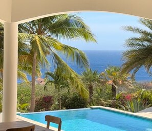 A pool with a view of the ocean and palm trees.