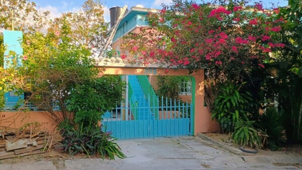A gated entrance with a blue gate, a staircase leading to a building, and surrounding greenery. - Full Bed/Kitchenette Esperanza w/AC+Wi-Fi Apt. 2 (Vieques)