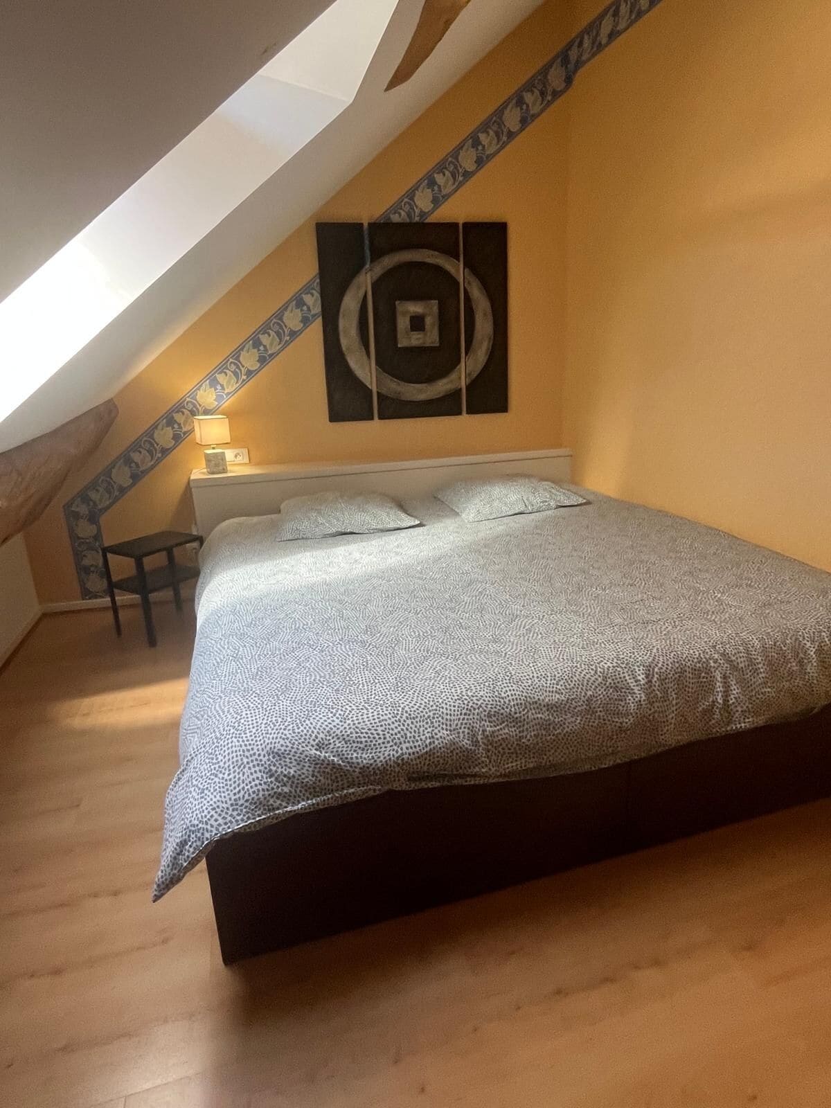 A bedroom with a skylight, a bed with patterned bedding, a bedside table with a lamp, and a wall-mounted artwork.