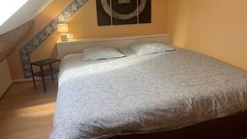 A bedroom with a skylight, a bed with patterned bedding, a bedside table with a lamp, and a wall-mounted artwork.