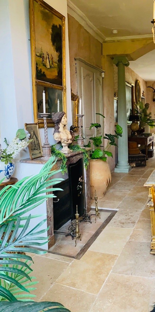 A hallway with a fireplace, framed artwork, and potted plants.