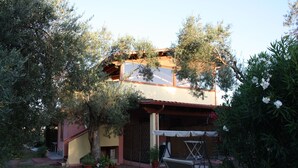 A house with a covered patio, a swing, and potted plants.
