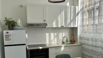 Kühlschrank, Ofen, Herdplatte, Wasserkocher mit Kaffee-/Teezubehör