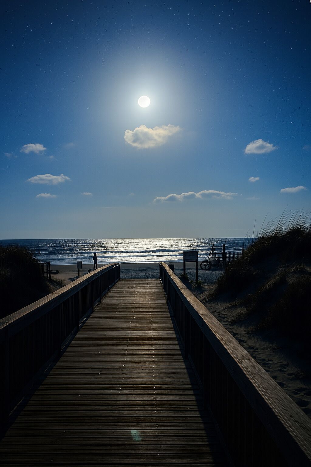 A wooden boardwalk leading to a beach with a moonlit sky.
