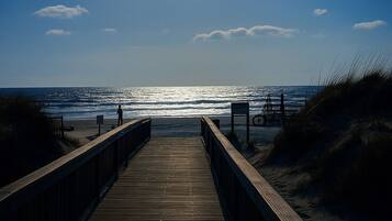 A wooden boardwalk leading to a beach with a moonlit sky.