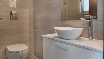 Un baño moderno con un inodoro blanco, un lavabo grande y un espejo sobre él.