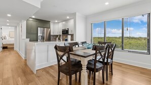 A modern kitchen with white cabinets, stainless steel appliances, and a large window with blinds.