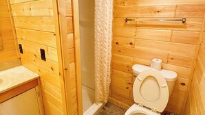 Baño de cabaña de madera con ducha, inodoro y un perchero para toallas.