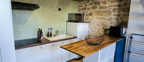 Fridge, microwave, stovetop, coffee/tea maker