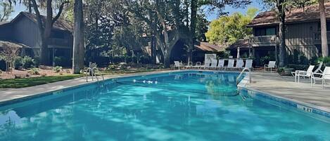 A rectangular swimming pool with clear blue water, surrounded by lounge chairs and trees.