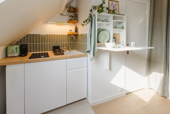 Fridge, microwave, oven, coffee/tea maker
