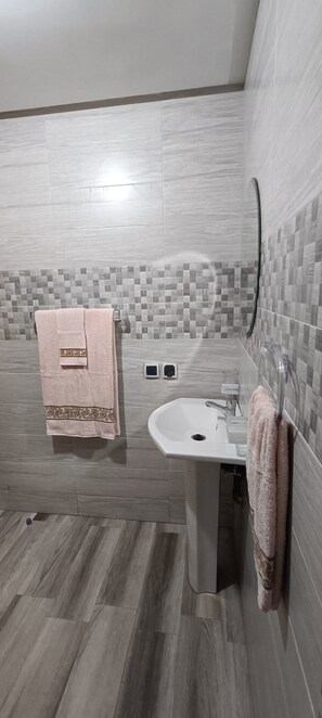 Dusche, Haartrockner, Handtücher, Seife