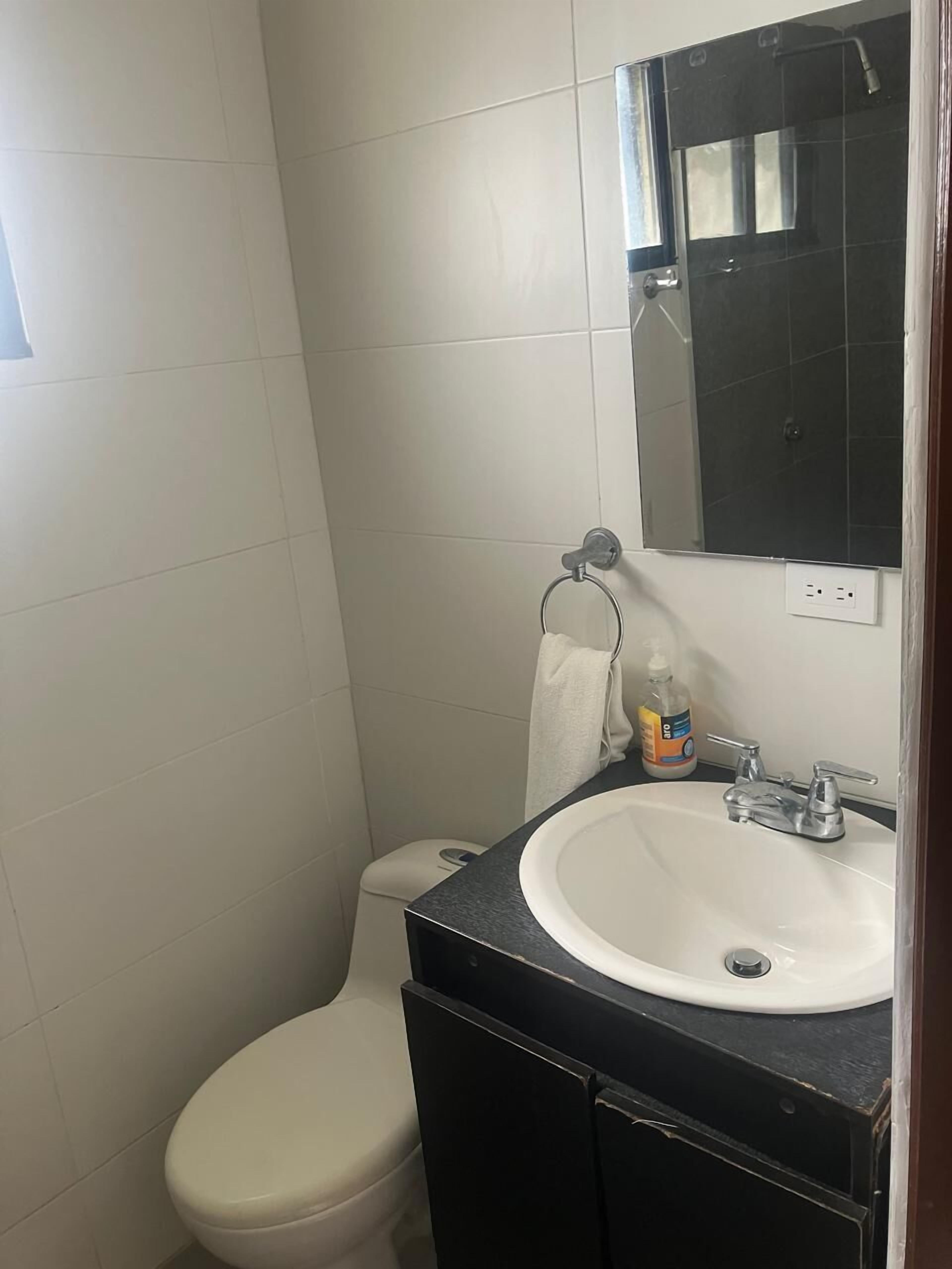 Et lille badeværelse med toilet i hvid, sort vask med spejl over, og et hvidt håndklæde på en ring.