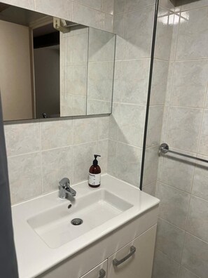 A bathroom with a white sink, a mirror, and a hand soap bottle.