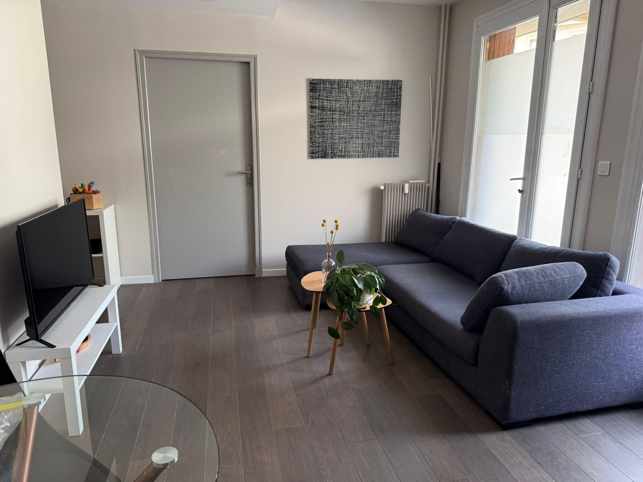 En moderne stue med en grå sofa, et glasbord, et fladskærms-tv på et hvidt skab, en dør, en radiator og et billede hængt på væggen.