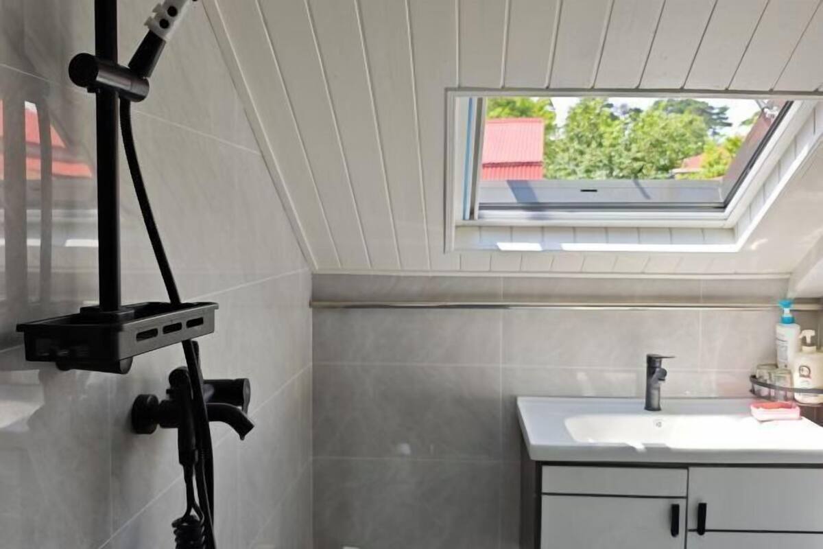 Une salle de bain moderne dotée d’un puits de lumière, d’un espace douche et d’un lavabo avec un miroir.