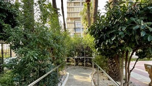A pathway with metal railings, surrounded by greenery and palm trees, leading to a building with multiple floors. - TORRE YAGO SEAFRONT LEVANTE N028 (Benidorm)