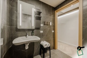 Shower, hair dryer, bidet, towels