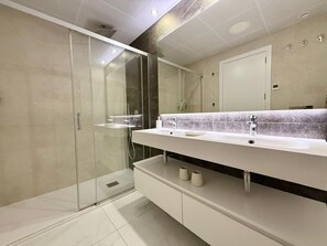 Douche, séchoir à cheveux, serviettes fournies