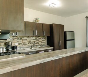 Fridge, microwave, oven, stovetop