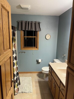Shower, jetted bath, hair dryer, towels