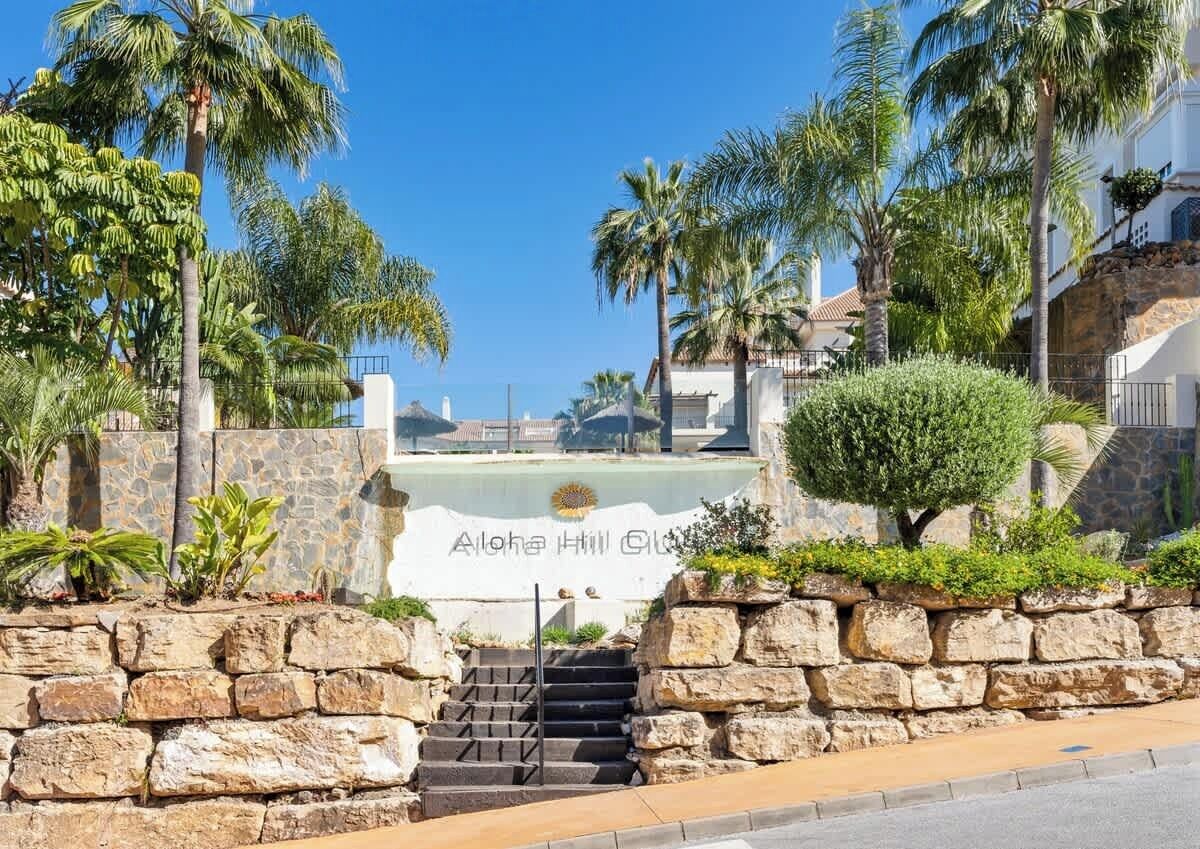 A stone staircase leading to a gated entrance with palm trees and a sign reading "Aloha Hill Club".