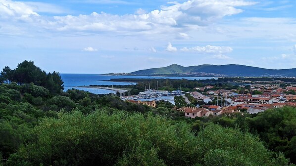 A coastal town with dense greenery, a marina, and a mountain in the background. - Domos De Badas - Trilocale (Porto Ottiolu)