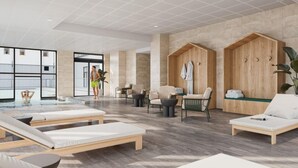 A spacious indoor area with lounge chairs, a pool, and wooden seating areas. - Wifi, swimming pool, sauna, hammam, balcony, tv, ski locker, 44-53m², Serre Chevalier (La Salle-les-Alpes)