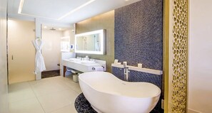 Hair dryer, bidet, towels, soap