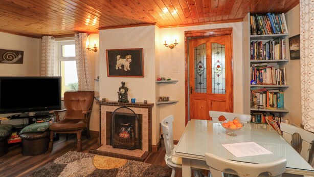 A cozy living room with a fireplace, wooden ceiling, a bookshelf, and a television. - Lehanmore House (Garinish)