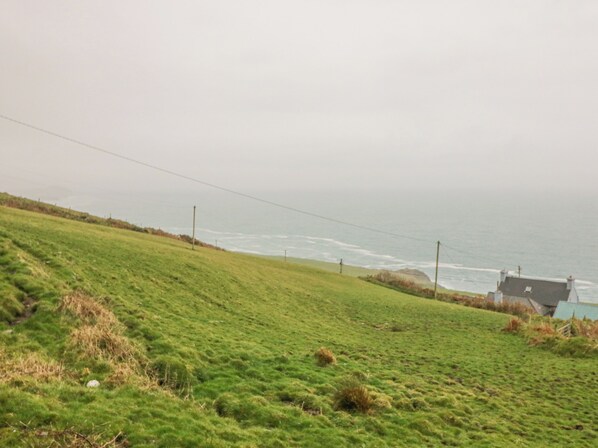 A coastal landscape with a grassy hill, a house with a sloped roof, and the ocean in the background.