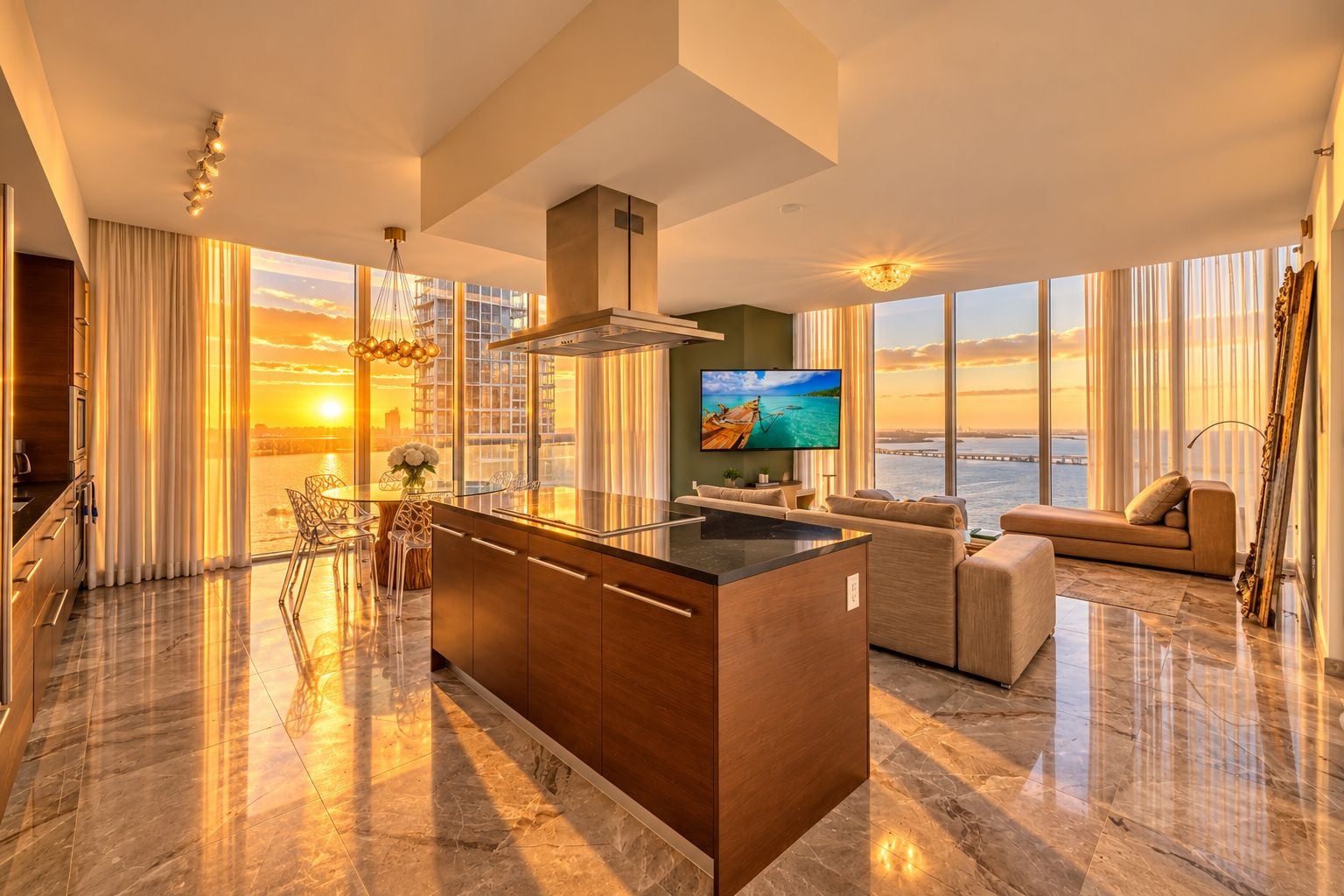 A modern living room with a large TV, a dining area with a glass table, and a kitchen with a central island.
