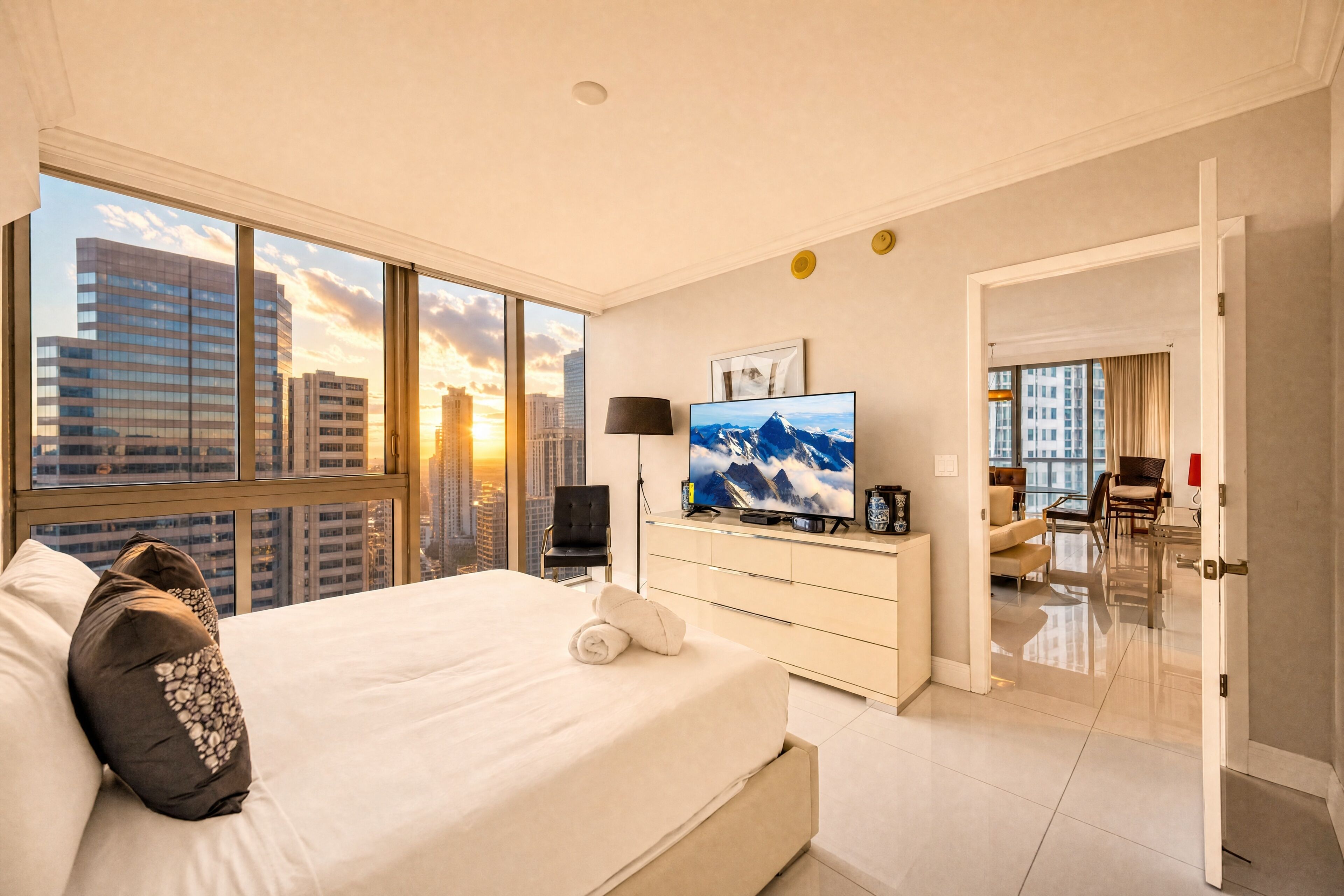 Une chambre d’hôtel moderne dotée d’un grand lit, d’une télévision à écran plat et offrant une vue sur la ville.
