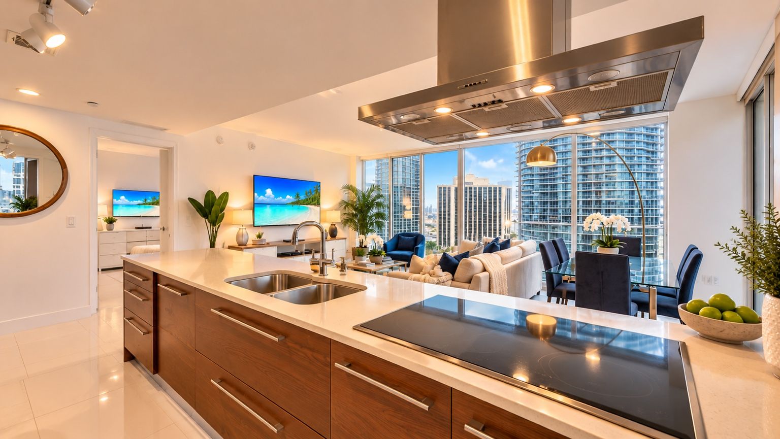 A modern kitchen with a large island, stainless steel appliances, and a view of a cityscape through large windows.