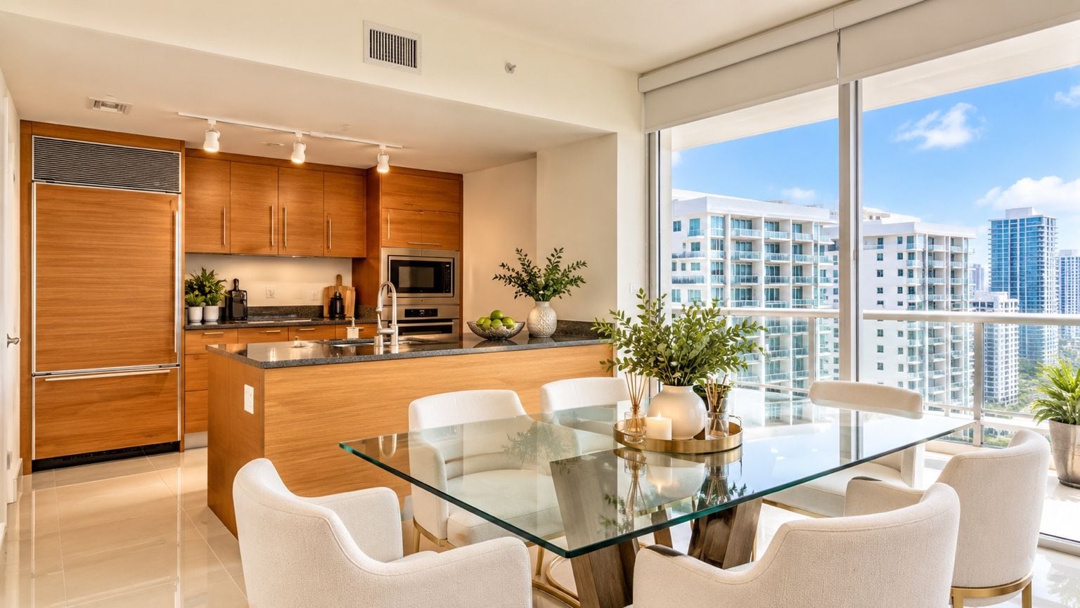 Una cocina moderna con armarios de madera, una isla central y un comedor con mesa de vidrio y sillas blancas.