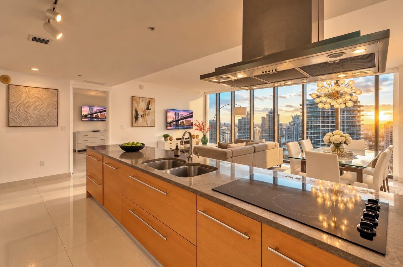 A modern kitchen with a large island, stainless steel appliances, and a city view.