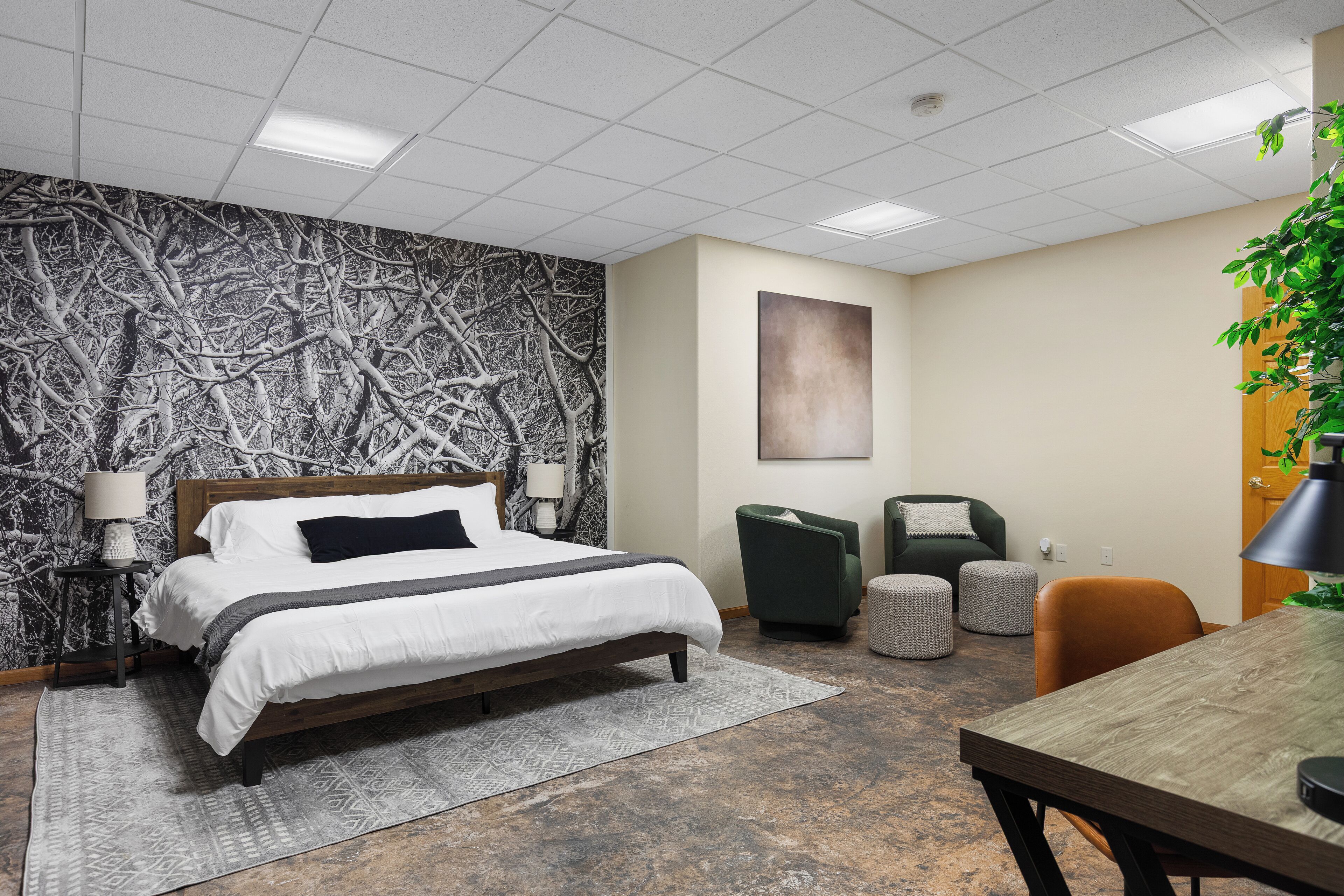 A modern bedroom with a large bed, a desk, and a chair. There is a wall with a tree branch pattern and a painting on the wall.