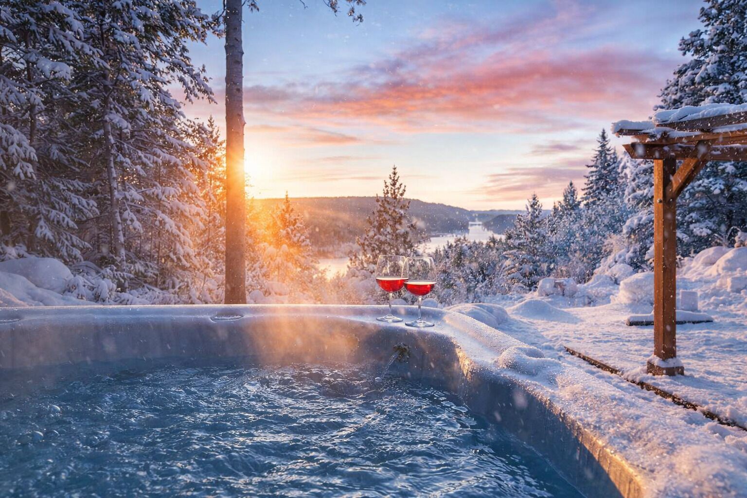 A 7-Person Jacuzzi with Lake and Sunset Views for Year-Round Relaxation Up North