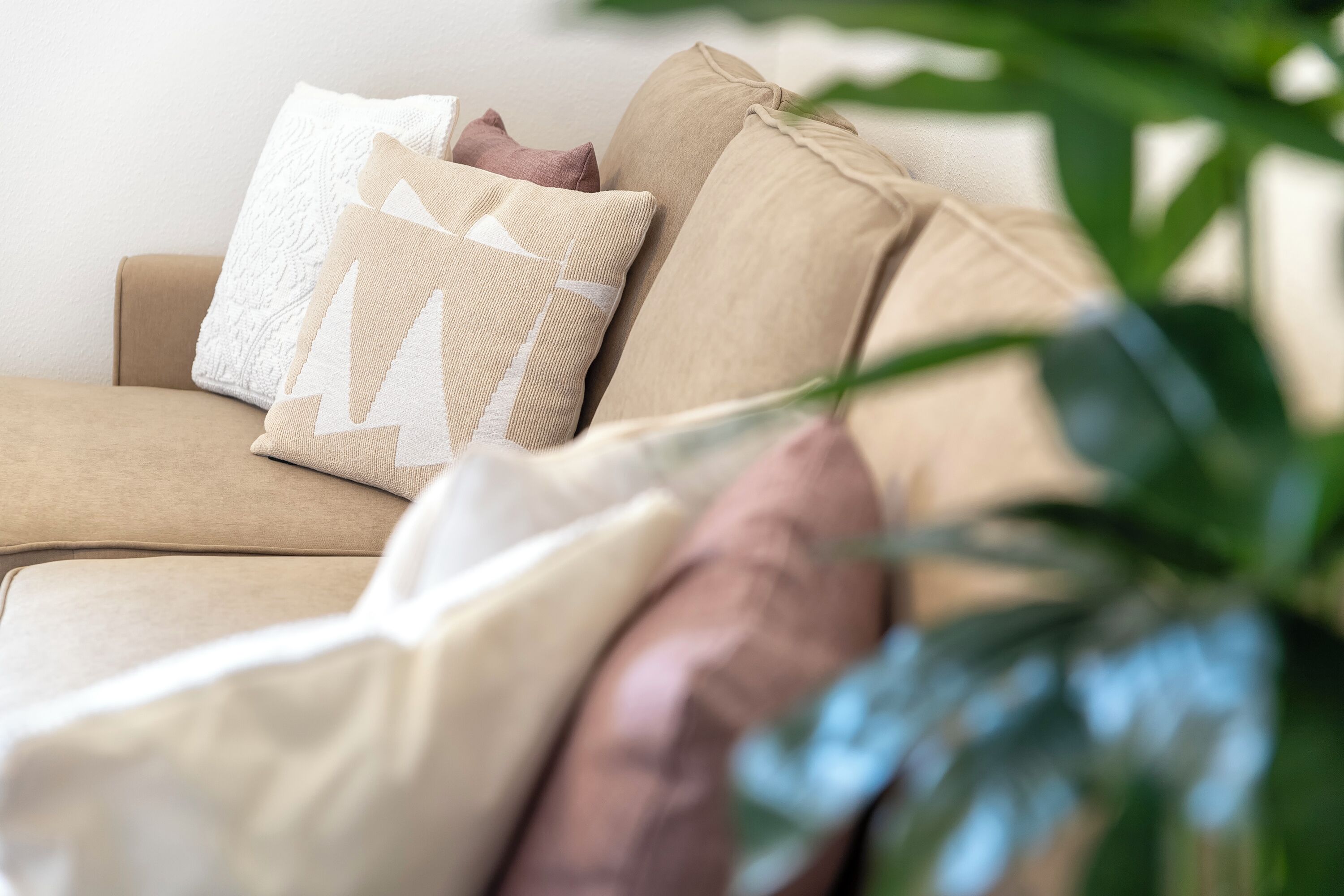 Um sofá bege com almofadas estampadas e uma planta em primeiro plano.
