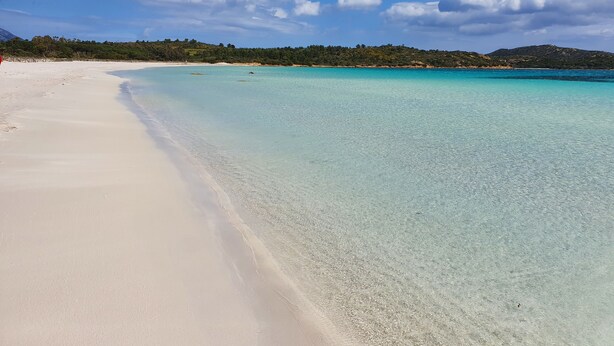 Een strand met helder turquoise water, wit zand en een beboste heuvel op de achtergrond.