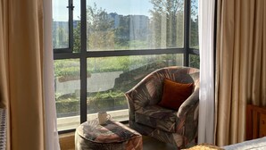 Ein Zimmer mit großem Fenster, einem Bett, einem Schlafsofa und einem Couchtisch.